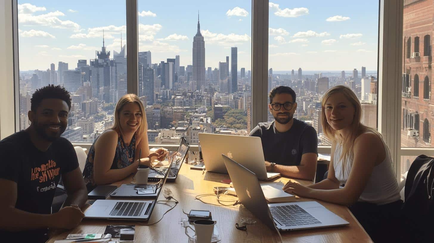 Team discussing work-life balance differences in a modern office with a city view: U.S. vs Europe.